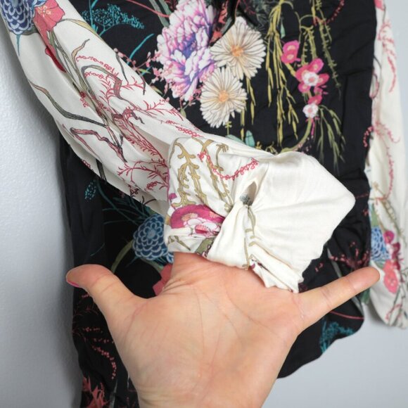 Hale Bob Floral Keyhole Blouse Long Sleeve Top Tie Neck Flowers Black White XS - Picture 7 of 9